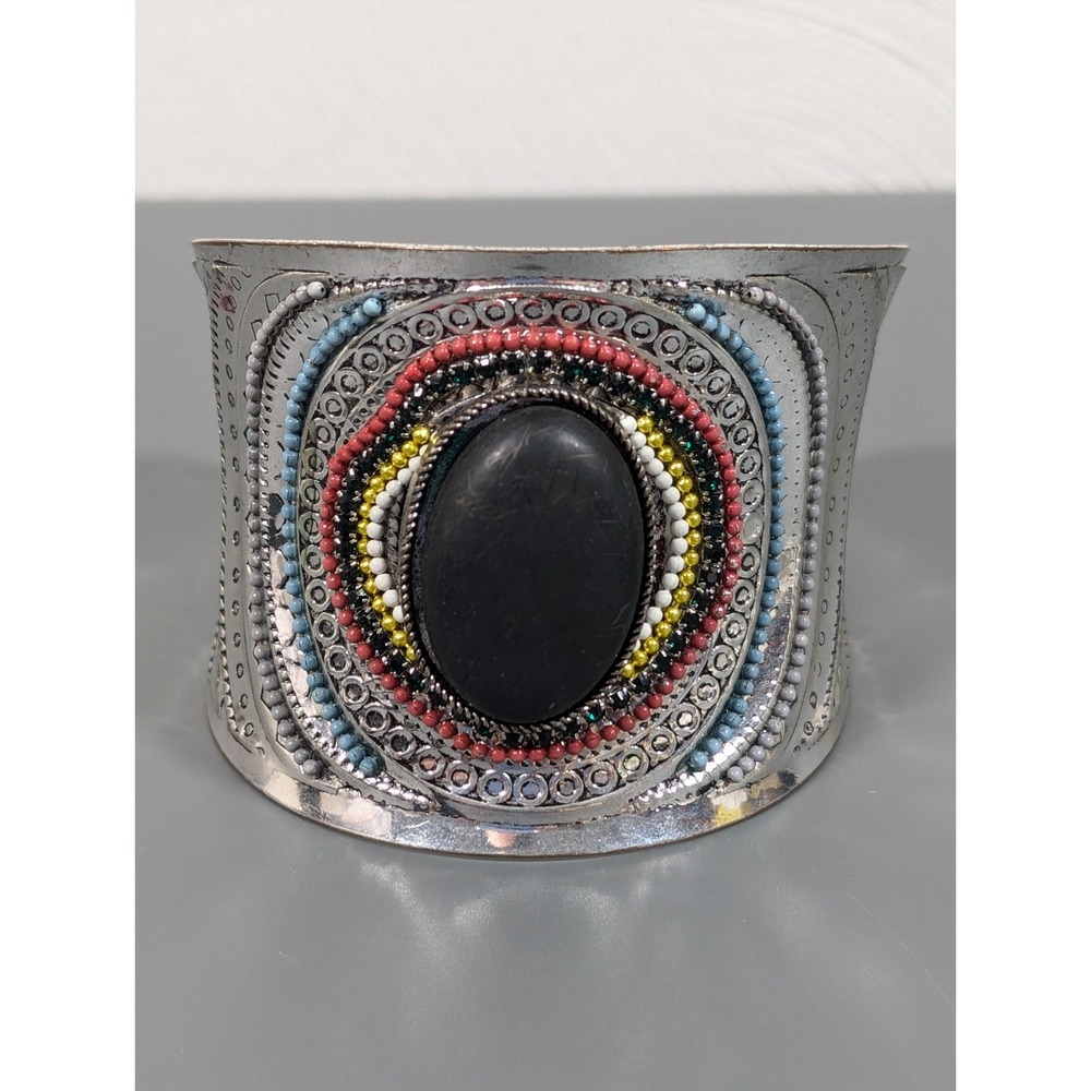 Boho Western Silver Tone Wide Cuff Bracelet‎ Black Oval Statement Bracelet 8 in